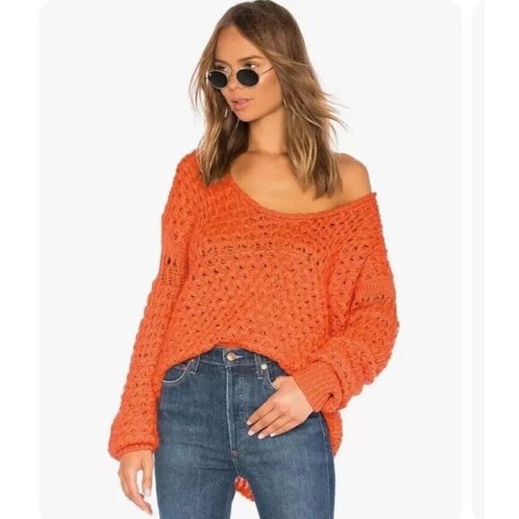 Free People Women's Crashing WavesPullover Knit Long sleeve Sweater Orange S - Picture 1 of 14